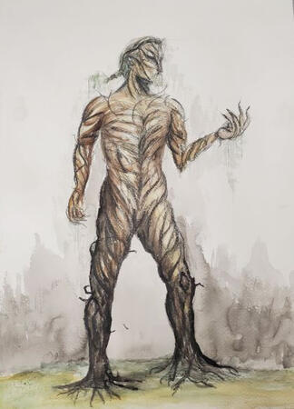 The pose was sketched live but this time my class was asked to make the model have tree-like qualities.