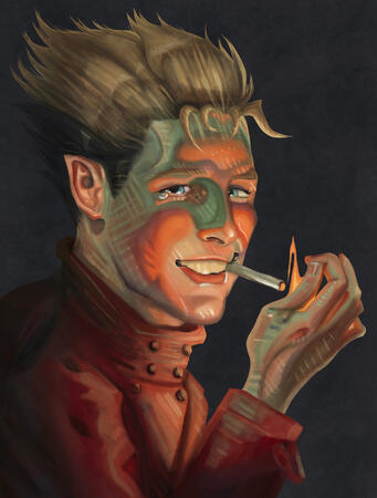 Another style challenge I did based on a J.C. Leyendecker oil painting for a Chesterfield Cigarettes ad but with the main character from Trigun.